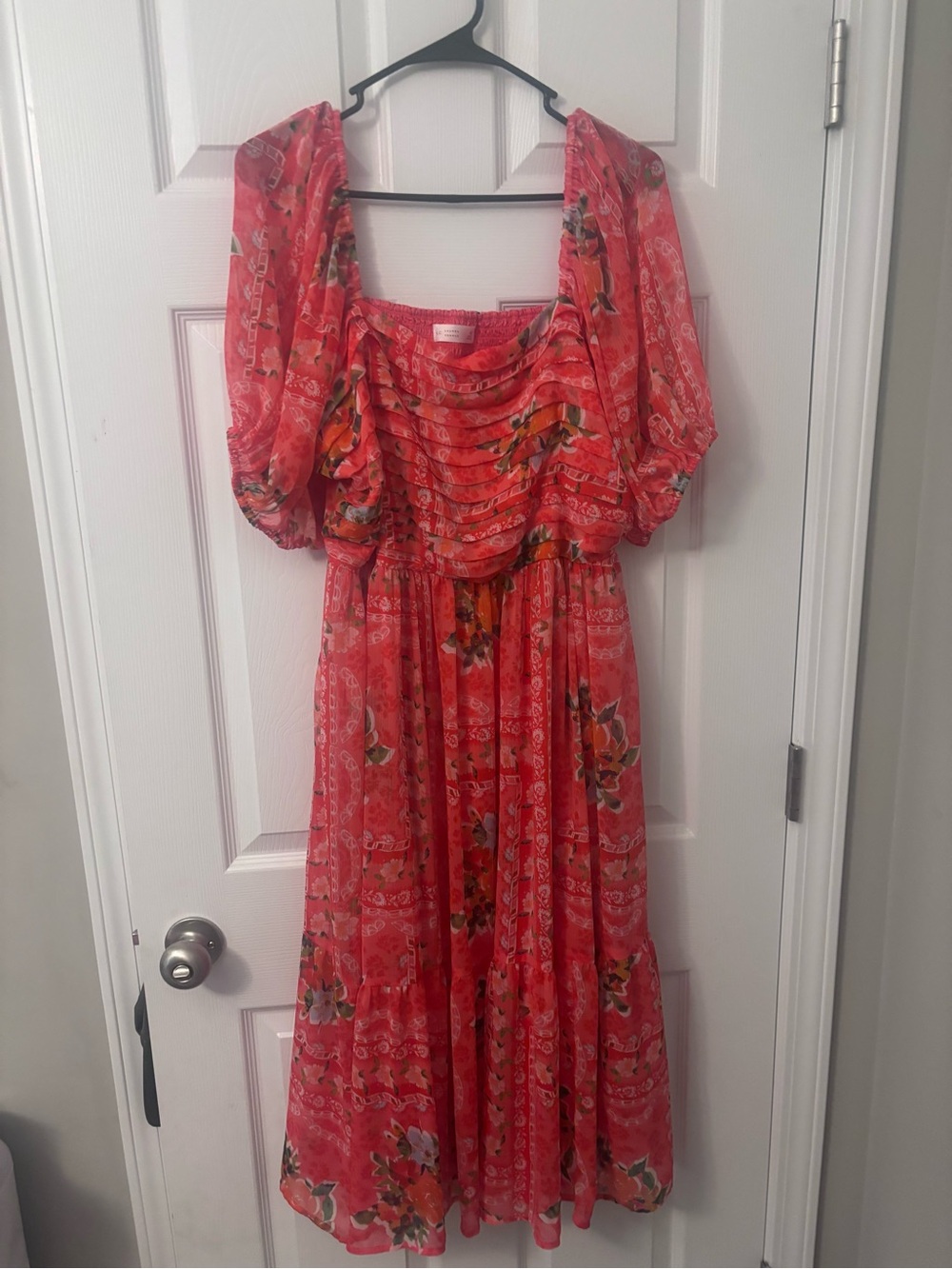 LC Lauren Conrad Pink Floral Square Neck Smocked Puff Sleeve Midi Dress 0X